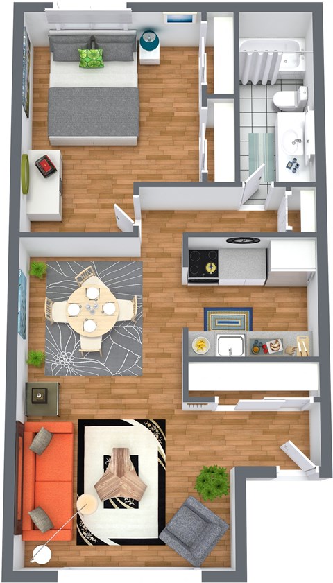 a rendering of our 1 bedroom apartment at princeton court apartments in dallas